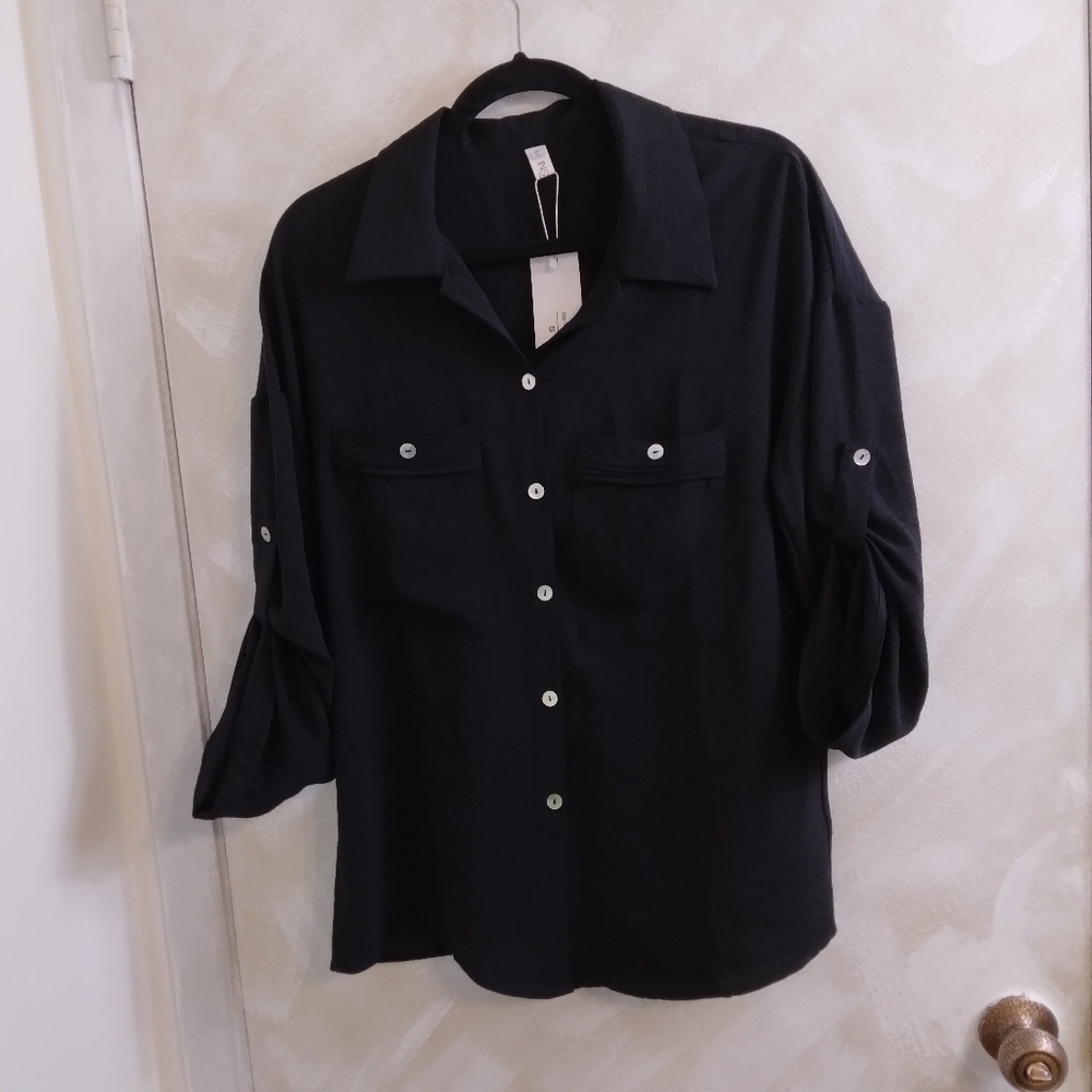 Size Small Black Button Up Blouse by Inssiko with Button Sleeves